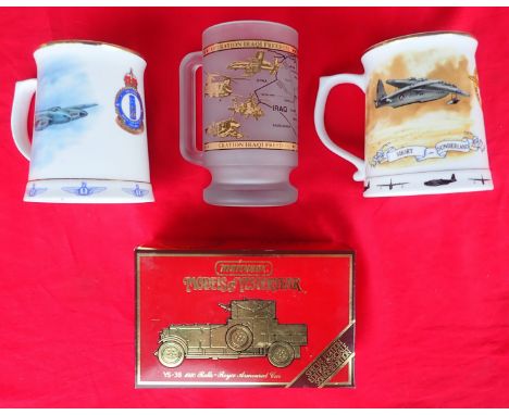 Military Mugs, Iraqi Freedom and matchbox 1920 armoured Car (3). Large Military mugs, 2 ceramic feature Mosquito bomber fight