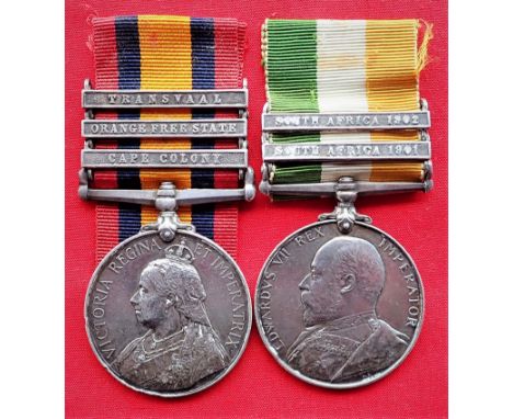 British Army Boer War medal pair to Private Johnson, 1st Bn. Essex Regiment. Queen's South Africa Medal 1899-1902, 3 clasps, 