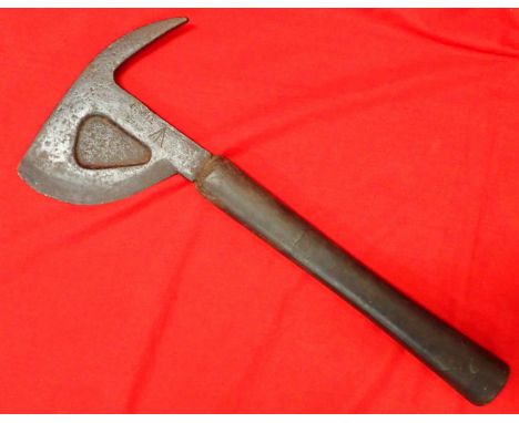 Broad arrow stamped steel axe head 18cm wide with surface wear, solid rubberised handle shaft.
