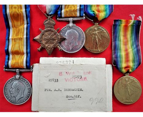 Family lot of WW1 British Army medals to the Dunnachie bothers. 1914-15 Star, impressed named 48696. FTR: J.DUNNACHIE. R.F.A.