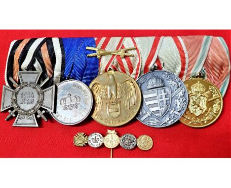 WW1 Imperial German medal bar of 5 awards &amp;amp; stick pin miniature set. Includes War Honour Cross with Swords, Prussian 