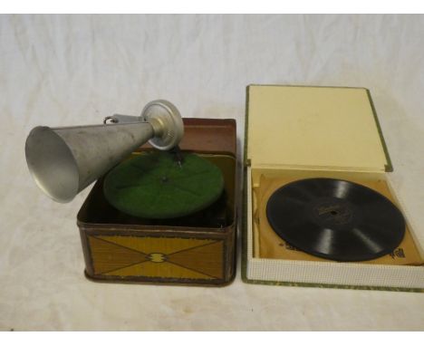 A German Bing "Pigmyphone" miniature gramophone with horn in original tin plate box together with a selection of small 78 rpm