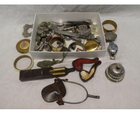 A box containing various costume jewellery and collectables including cased Meershaum pipe, ring box, gents watch, etc