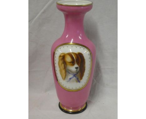 A 19th Century opaque glass tapered vase decorated with oval portrait of a dog on pink ground, 13" high