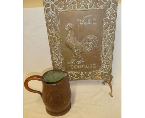 An old embossed brass rectangular fire screen from Redruth Brewery "Take Courage" and an old copper tapered water jug (2)