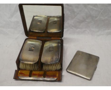 A pair of gentleman's silver mounted hairbrushes and matching comb, Birmingham marks in fitted case and a silver rectangular 