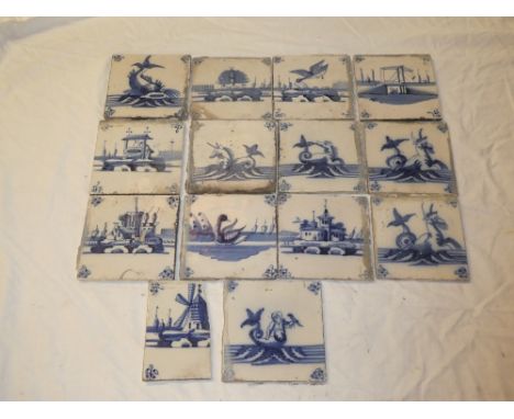 Thirteen various 18th and 19th Century ceramic square tiles with blue and white decoration