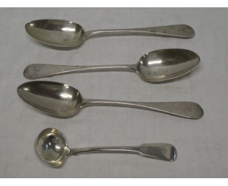 Three Victorian matching silver serving spoons, Glasgow marks 1869 and a George IV silver "Fiddle" pattern sauce ladle, Glasg