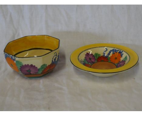 A Clarice Cliff Bizarre "Gay Day" pattern  octagonal bowl with floral decoration, 5" wide and one other Clarice Cliff "Gay Da
