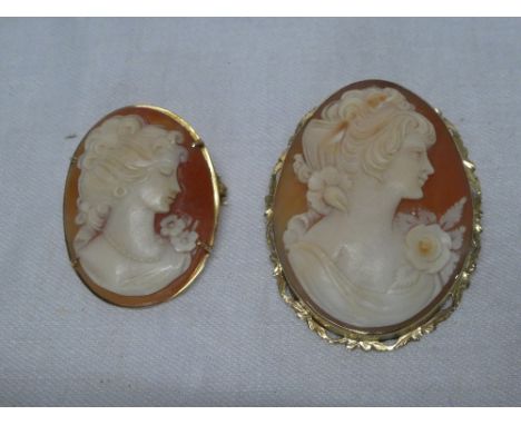A 9ct gold mounted oval cameo brooch with female portrait and one other 9ct gold mounted cameo brooch (2)