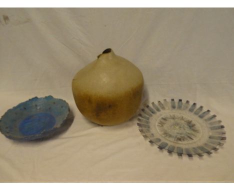 A large Studio pottery spherical vase by Brenda Burgess, Art Glass circular platter and one other decorative bowl (3)