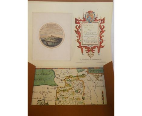 An early circular coloured engraving of Pendennis Castle and a folder of John Norden's manuscript maps of Cornwall, reproduce
