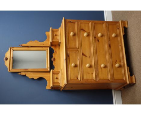 Solid pine dressing chest with raised mirror and trinket drawers, W86cm, H160cm, D45cm   Condition Report   Click here for fu