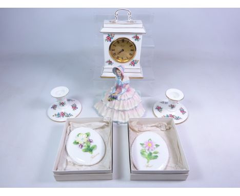 Coalport Ming Rose pattern mantel clock and a pair of candlesticks, two Coalport wall plaques for February & April and a Doul