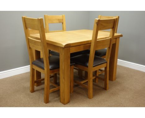 Solid light oak rectangular extending dining table with leaf (H77cm, 81cm x 120cm - 153cm) and four ladder back dining chairs