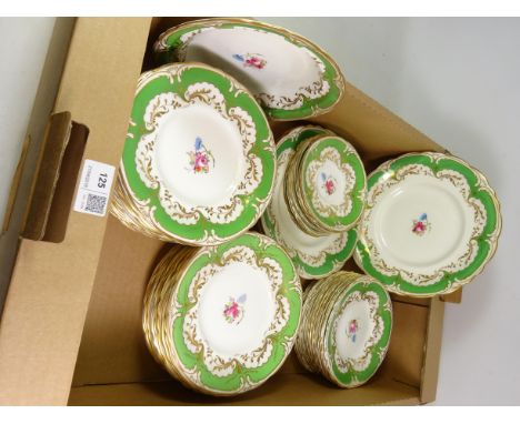 Rockingham Reproduction dinner plates hand painted with central floral sprays and green ground and 19th/ early 20th century p