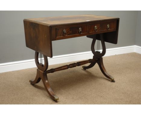 Reproduction figured mahogany sofa table, drop leaf top with rounded corners, two drawers, raised on lyre supports, W88cm, H7