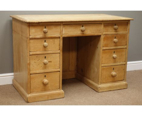 Victorian pine twin pedestal desk, nine drawers, W112cm, H74cm, D58cm   Condition Report   Click here for further images, con