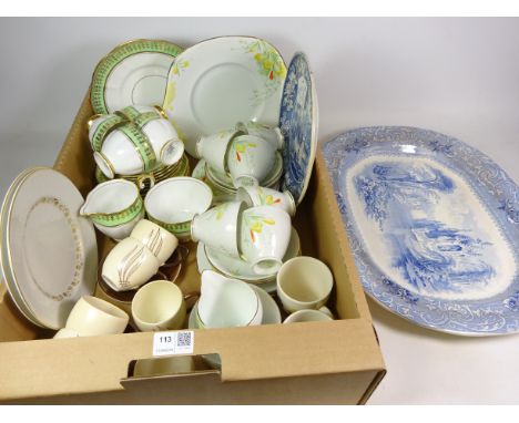 19th century Davenport blue and white meat plate, Carlton Ware cups and saucers, Royal Stafford 'Crocus' pattern tea set for 