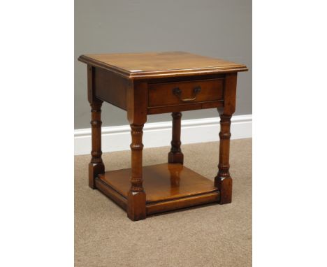 Cherry wood lamp top, moulded square top above drawer, turned supports with undertier, 46cm x 46cm, H51cm   Condition Report 