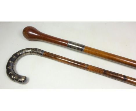 Early 20th century walking cane, the silver mount inscribed 'Presented to Frank Allen by J. Rowland Sales, Cut from the H.M.S