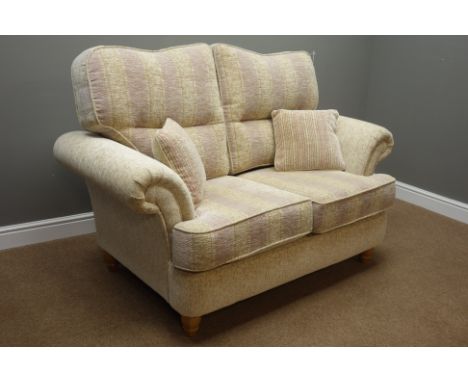 Two seat sofa upholstered in beige natural fabric, W155cm - 1 year old   Condition Report   Click here for further images, co