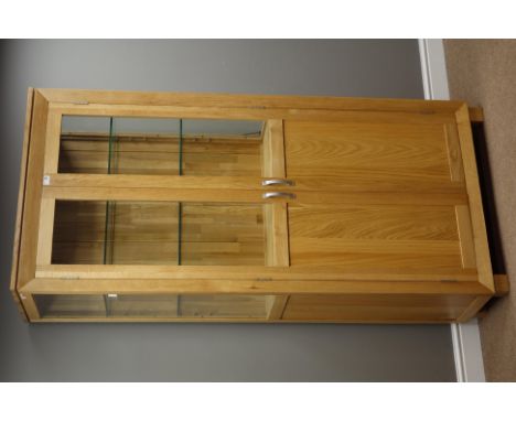 Light oak illuminated display cabinet with adjustable shelves, W90cm, H196cm, D39cm   Condition Report   Click here for furth