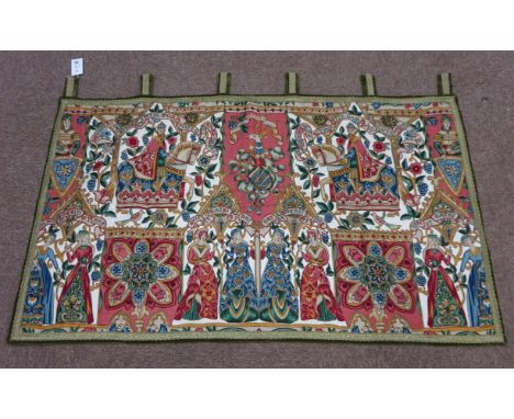 Tapestry type wall hanging with Knights and Heraldic studies, L122cm x H71cm    Condition Report   Click here for further ima