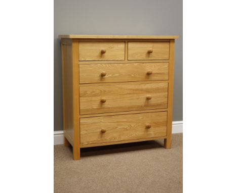 Light ash chest fitted with two short and three long drawers, W91cm, H96cm, D43cm   Condition Report   Click here for further