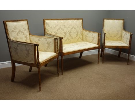 Late 19th century satinwood Sheraton style salon suite, two seat sofa and pair matching armchairs, painted fluted to arms and