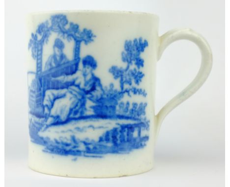 Caughley cylindrical mug, c1790 in the 'La Promenade Chinoise' and 'La Peche' pattern with grooved loop handle, H8cm    Condi