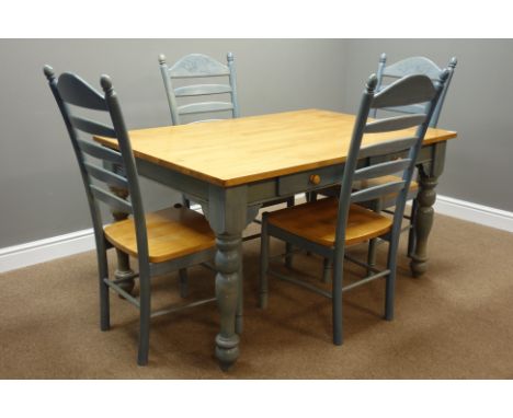 Light wood and painted dining table with four drawers (138cm x 92cm, H75cm), and four ladder back chairs   Condition Report  