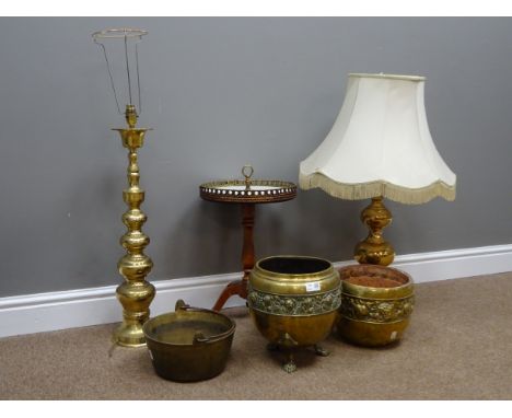 Two large brass table lamps, brass jardiniere's, brass jam pan and a tripod wine table, inset with marble top, H53cm    Condi