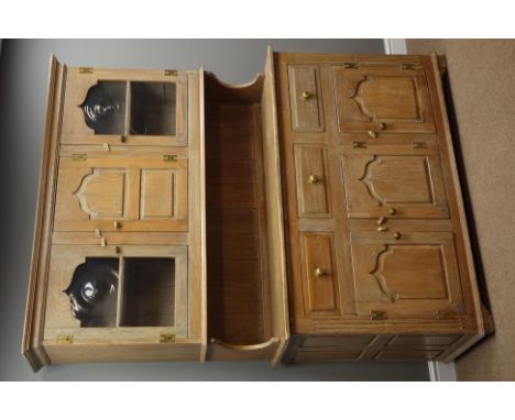 Light oak dresser, with two drawers and three cupboards, raised display cabinets, pointed stepped arched panelled and glazed 