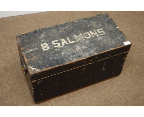 Victorian black painted pine tool chest with various tools, painted 'B.Salmons', W61cm   Condition Report   Click here for fu