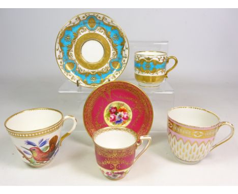 Late 19th century Mintons cabinet cup and saucer, finely gilded on a turquoise banded ground, similar age Royal Worcester cup