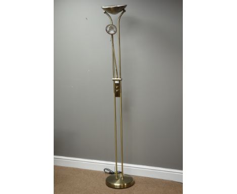 Burnished metal up lighter standard lamp with adjustable reading lamp, H181cm   Condition Report   Click here for further ima