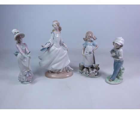 Four Lladro figurines; 'Cinderella' no.4828, 'Playful Kittens' no. 5232,  'Garden Song' & a Nao figurine, all boxed   Conditi