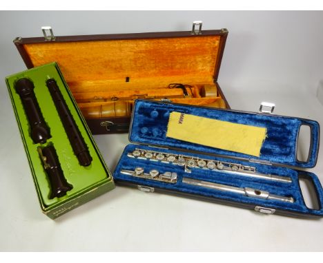 Yamaha YFL-22s three piece silver-plated flute, in fitted case, Zen-on recorder and a Dolmetsch tenor recorder (3)   Conditio