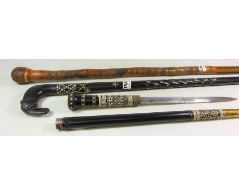 20th century Indian wood and bone inlay short sword-stick, African ebony and inlaid tapering walking stick, rope twist design