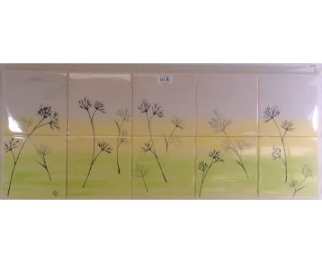 Set of ten hand glazed tiles depicting 'Seeds on Dawn Morning', L77cm each tile 6" x 6"   Condition Report   Click here for f