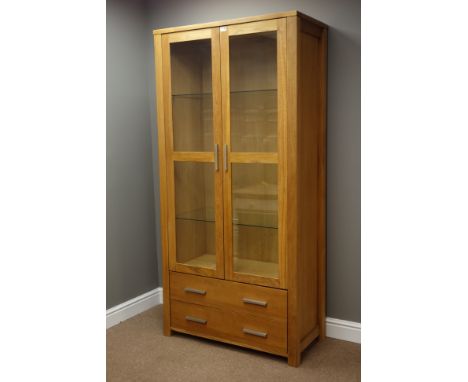 Solid light oak display cabinet/bookcase with two drawers, three adjustable shelves, W92cm, H190cm, D45cm   Condition Report 