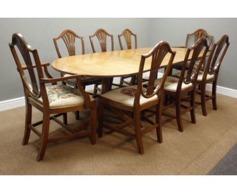 Reproduction mahogany twin pedestal dining table (98cm x 171cm, H70cm), and set eight (6+2) Hepplewhite style dining chairs w