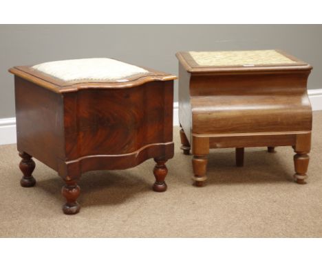 Victorian figured mahogany commode, serpentine front, hinged lid with ceramic pot and another commode   Condition Report   Cl