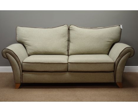 Two seat sofa (W210cm), upholstered grey fabric with brown cord with scatter cushions with square footstool (80cm x 80ccm)   