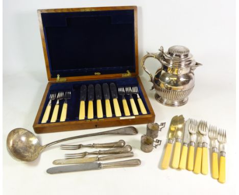 Part canteen of Victorian fish knives and forks, Victorian flatware with silver handles, two early 18th century miniature sil