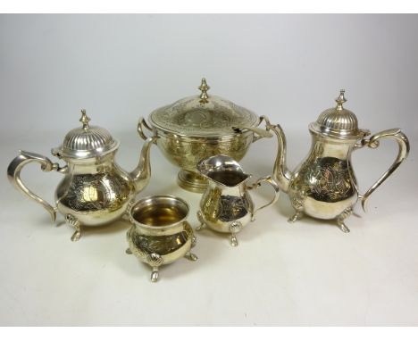 Four piece silver-plated ornate tea set and a similar twin handled soup tureen with ladle (5)   Condition Report   Click here