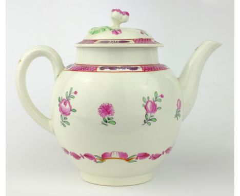 Late 18th century globular teapot, painted with floral sprays below a fish scale border, the finial modelled as a flower, pro