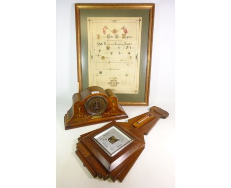 Early 20th century oak barometer, Art Nouveau mantle clock and a Victorian framed certificate 'Hull Exchange Limited' 1865 (3