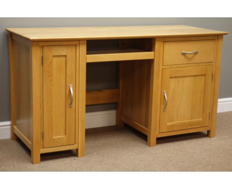 Light oak twin pedestal computer desk, two cupboards and drawer, W141cm, H77cm, D55cm   Condition Report   Click here for fur